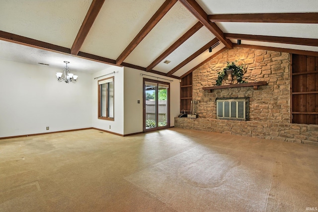708 Forest Dr, Frankfort, IN 46041 - unfurnished living room with built in features, a chandelier, carpet floors, and a fireplace