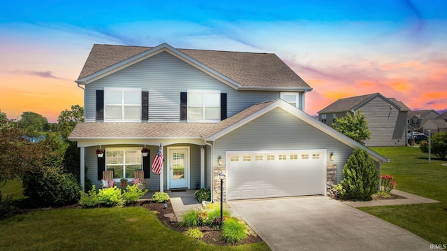 1823 Apopka Way, Fort Wayne, IN 46814 - traditional-style home with covered porch, roof with shingles, a front lawn, driveway, and a garage