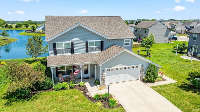 1823 Apopka Way, Fort Wayne, IN 46814 - traditional home with a porch, a water view, a shingled roof, an attached garage, and concrete driveway