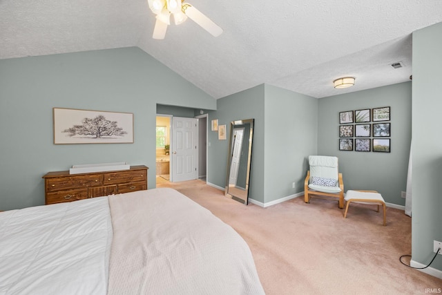 210 N Brookfield Dr, Lafayette, IN 47905 - bedroom featuring a textured ceiling, light colored carpet, lofted ceiling, ceiling fan, and ensuite bathroom