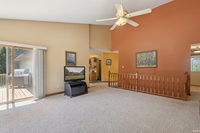 5171 N 350 E, Rolling Prairie, IN 46371 - living area with carpet, high vaulted ceiling, and a ceiling fan
