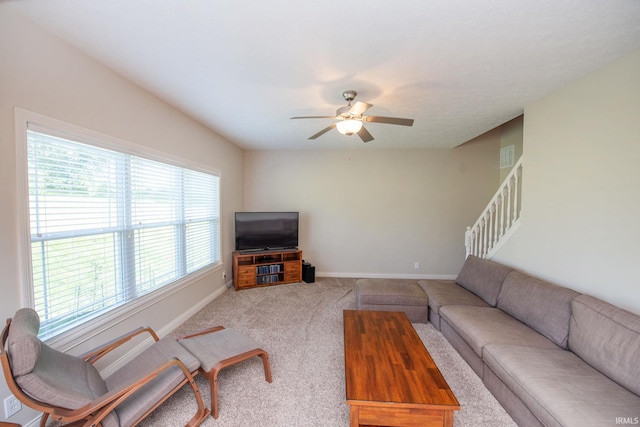 1860 Sandpiper Dr, West Lafayette, IN 47906 - living area with carpet flooring, a ceiling fan, and stairs