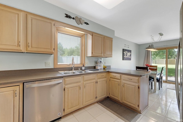 9502 Sail Wind Dr, Fort Wayne, IN 46804 - kitchen with dishwasher, light brown cabinetry, dark countertops, and light tile patterned flooring