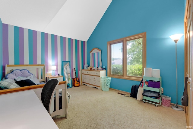 9502 Sail Wind Dr, Fort Wayne, IN 46804 - bedroom with lofted ceiling, carpet, and wallpapered walls