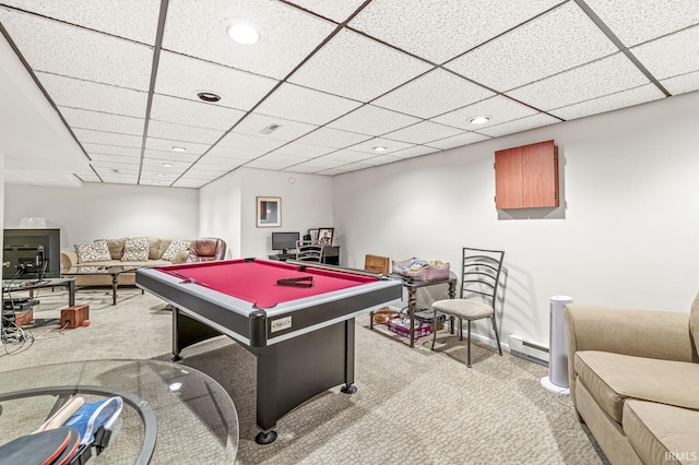 56928 County Road 13, Elkhart, IN 46516 - playroom featuring carpet, a baseboard heating unit, a paneled ceiling, pool table, and recessed lighting