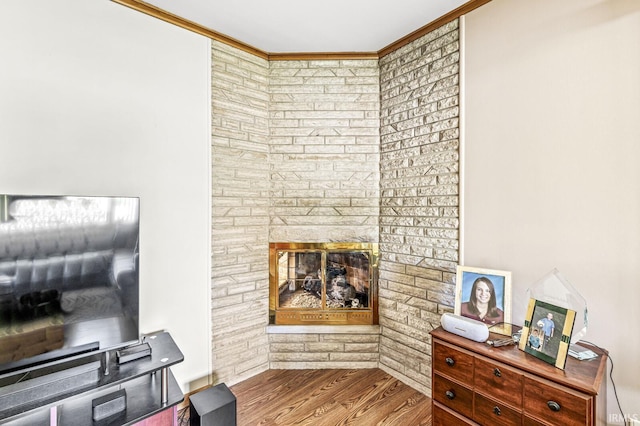 56928 County Road 13, Elkhart, IN 46516 - living area with wood finished floors, a multi sided fireplace, and ornamental molding