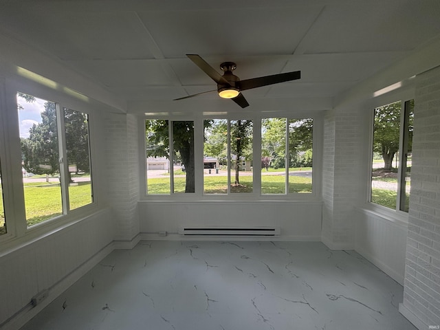 2521 N Red Bank Rd, Evansville, IN 47720 - unfurnished sunroom featuring a baseboard heating unit, a ceiling fan, and marble finish floors