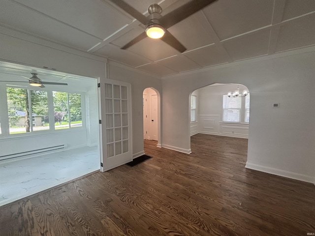 2521 N Red Bank Rd, Evansville, IN 47720 - unfurnished room with a ceiling fan, baseboard heating, arched walkways, dark wood-style floors, and a chandelier