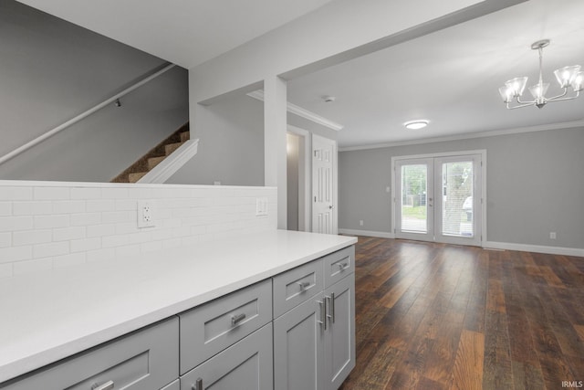 483 N Eddy St Lot # 32, South Bend, IN 46617 - kitchen with gray cabinets, open floor plan, crown molding, dark wood-style floors, and light countertops