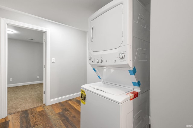 483 N Eddy St Lot # 32, South Bend, IN 46617 - washroom with stacked washer / drying machine and dark wood-style flooring
