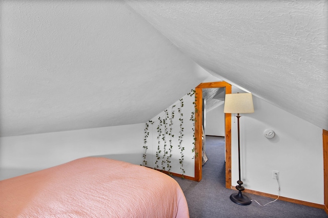 54054 N Ironwood Rd, South Bend, IN 46635 - bedroom with a textured ceiling, lofted ceiling, and carpet