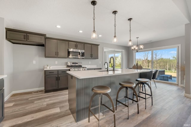 5165 Greyson Heights Dr, Auburn, IN 46706 - kitchen with appliances with stainless steel finishes, a chandelier, recessed lighting, light wood-style floors, and a center island with sink