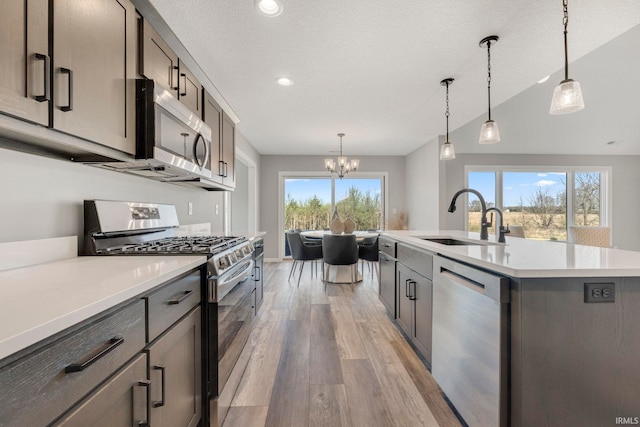 5165 Greyson Heights Dr, Auburn, IN 46706 - kitchen featuring appliances with stainless steel finishes, a chandelier, light wood-style floors, light countertops, and an island with sink