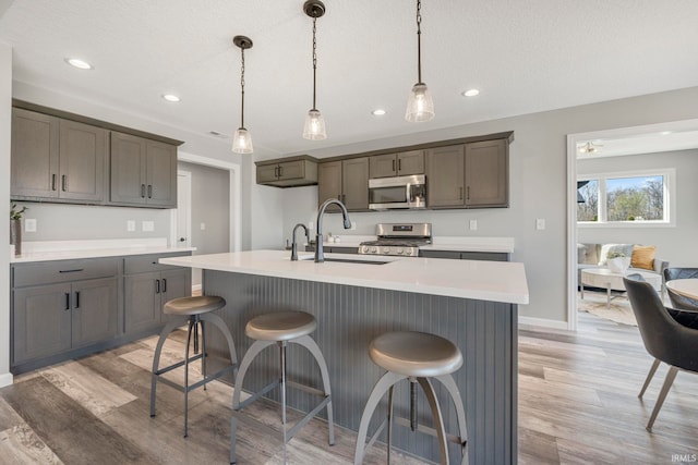 5165 Greyson Heights Dr, Auburn, IN 46706 - kitchen featuring stainless steel appliances, light wood-style flooring, a kitchen bar, recessed lighting, and light countertops