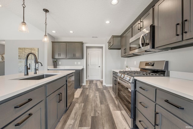 5165 Greyson Heights Dr, Auburn, IN 46706 - kitchen featuring stainless steel appliances, gray cabinetry, recessed lighting, wood finished floors, and light countertops