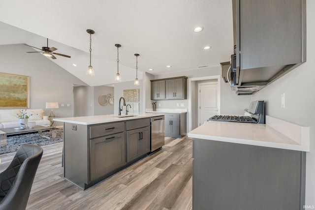 5165 Greyson Heights Dr, Auburn, IN 46706 - kitchen featuring open floor plan, stainless steel appliances, ceiling fan, light wood-style flooring, and light countertops