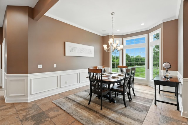 17325 N State Road 1st Rd, Spencerville, IN 46788 - dining room featuring a chandelier, crown molding, wainscoting, stone tile floors, and recessed lighting