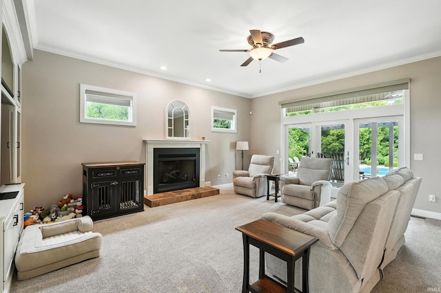 17325 N State Road 1st Rd, Spencerville, IN 46788 - living area with carpet, plenty of natural light, ceiling fan, ornamental molding, and a tile fireplace
