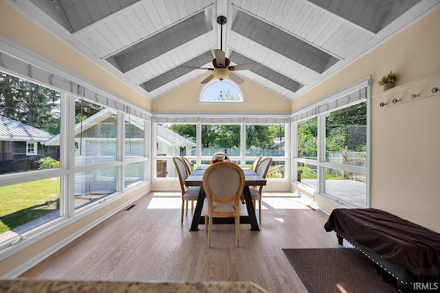 133 Crescent St, Elkhart, IN 46516 - sunroom featuring ceiling fan, wood finished floors, high vaulted ceiling, and wood ceiling