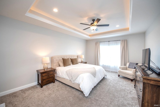 5358 Maize Dr, West Lafayette, IN 47906 - bedroom with a tray ceiling, light colored carpet, recessed lighting, ceiling fan, and ornamental molding