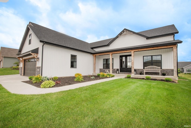 5358 Maize Dr, West Lafayette, IN 47906 - modern farmhouse style home with a front yard, stone siding, a porch, concrete driveway, and roof with shingles