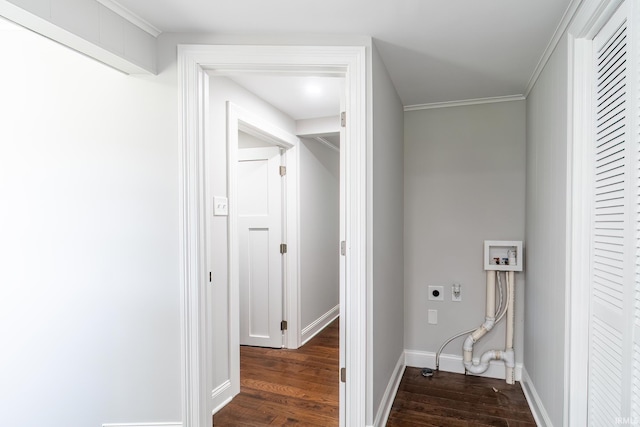 6321 Butt Rd, Fort Wayne, IN 46818 - laundry room with hookup for an electric dryer, dark wood finished floors, hookup for a washing machine, and crown molding