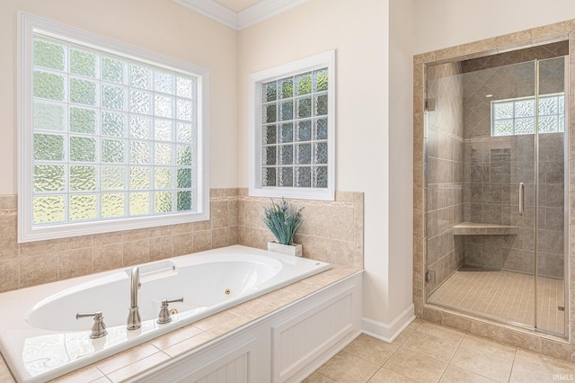 8196 E Walnut Rdg, New Carlisle, IN 46552 - full bathroom with a tub with jets, a shower stall, tile patterned floors, and ornamental molding