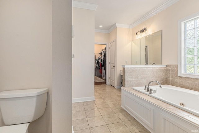 8196 E Walnut Rdg, New Carlisle, IN 46552 - full bathroom with a whirlpool tub, crown molding, tile patterned flooring, and a walk in closet