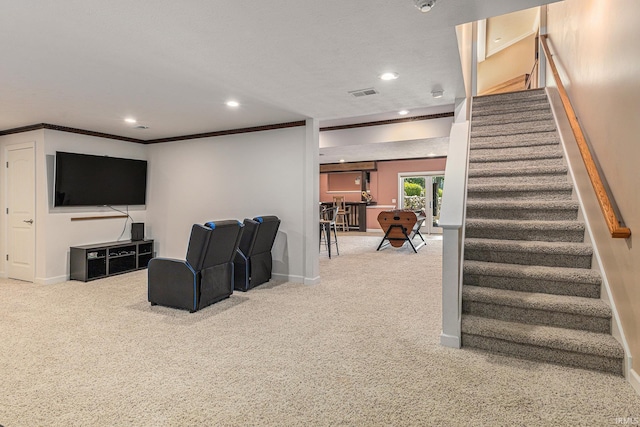 8196 E Walnut Rdg, New Carlisle, IN 46552 - home theater room featuring carpet floors, recessed lighting, and crown molding