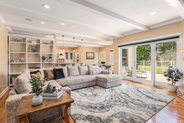 8196 E Walnut Rdg, New Carlisle, IN 46552 - living room featuring light wood finished floors, beam ceiling, recessed lighting, and french doors