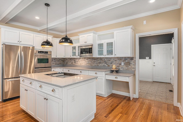 8196 E Walnut Rdg, New Carlisle, IN 46552 - kitchen featuring appliances with stainless steel finishes, white cabinetry, glass insert cabinets, beamed ceiling, and crown molding