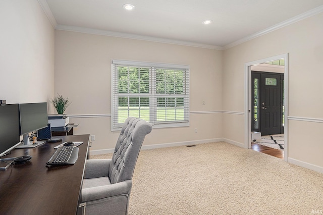 8196 E Walnut Rdg, New Carlisle, IN 46552 - carpeted office featuring crown molding and recessed lighting