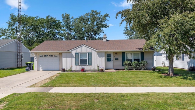 8 Emerald Ln, Huntington, IN 46750 - single story home featuring board and batten siding, a garage, a chimney, a front lawn, and concrete driveway
