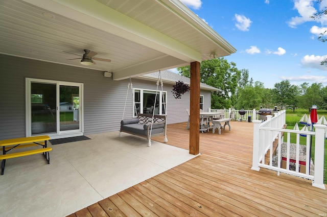 7316 Butt Rd, Fort Wayne, IN 46818 - wooden deck featuring outdoor dining space, a ceiling fan, and area for grilling