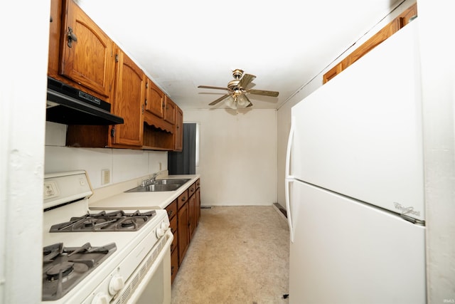 221 S Kenmore St, South Bend, IN 46619 - kitchen with under cabinet range hood, white appliances, light carpet, ceiling fan, and light countertops