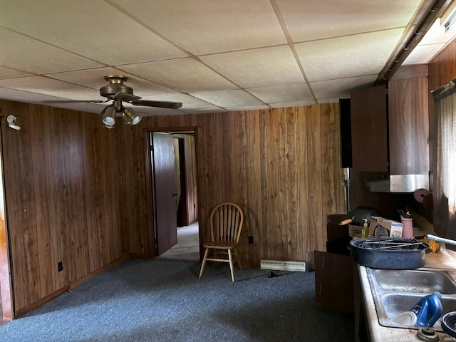 11592 E Main St, Owensburg, IN 47453 - kitchen with a paneled ceiling, carpet floors, wood walls, and ceiling fan