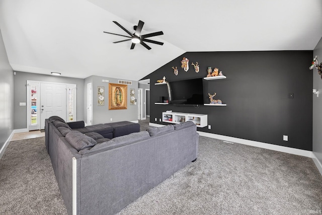 4310 Ashard Dr, South Bend, IN 46628 - living area with a ceiling fan, carpet, and vaulted ceiling