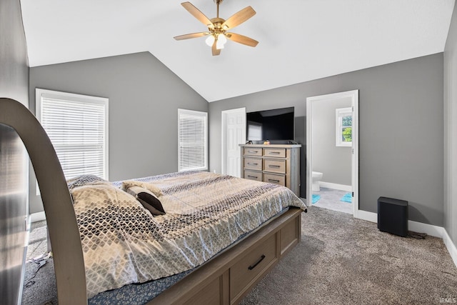 4310 Ashard Dr, South Bend, IN 46628 - bedroom with lofted ceiling, carpet, a ceiling fan, and ensuite bath