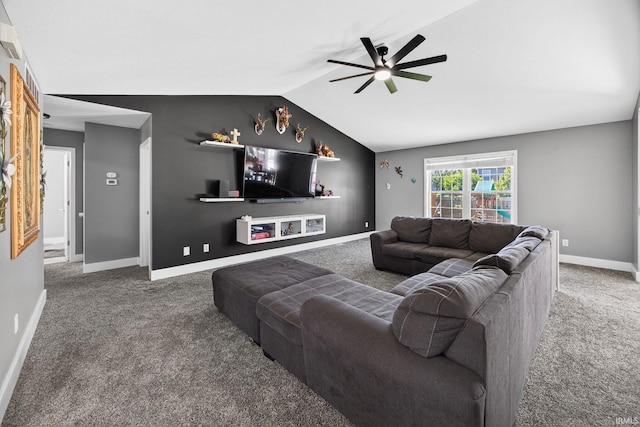 4310 Ashard Dr, South Bend, IN 46628 - carpeted living room featuring a ceiling fan and lofted ceiling