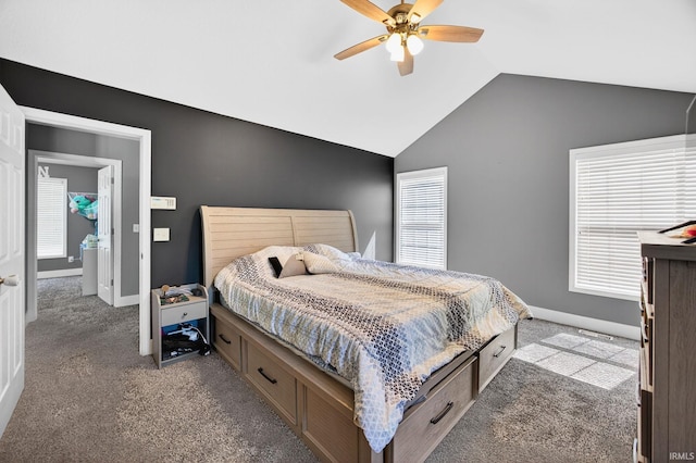4310 Ashard Dr, South Bend, IN 46628 - bedroom featuring carpet floors, vaulted ceiling, and a ceiling fan