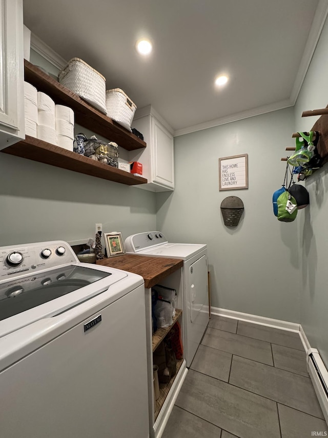 1896 N Michael Dr, Marion, IN 46952 - laundry room with separate washer and dryer, cabinet space, a baseboard heating unit, ornamental molding, and recessed lighting