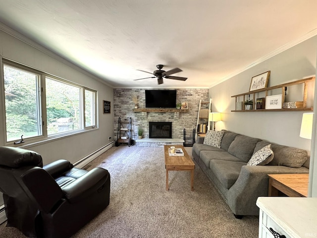 1896 N Michael Dr, Marion, IN 46952 - carpeted living room with baseboard heating, ceiling fan, crown molding, and a brick fireplace