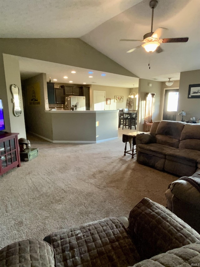 6243 S 700 W, West Point, IN 47992 - living room with lofted ceiling, light carpet, and a ceiling fan