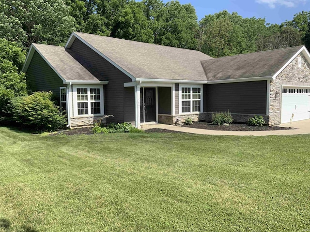 6243 S 700 W, West Point, IN 47992 - single story home featuring stone siding, a garage, a shingled roof, and a front lawn