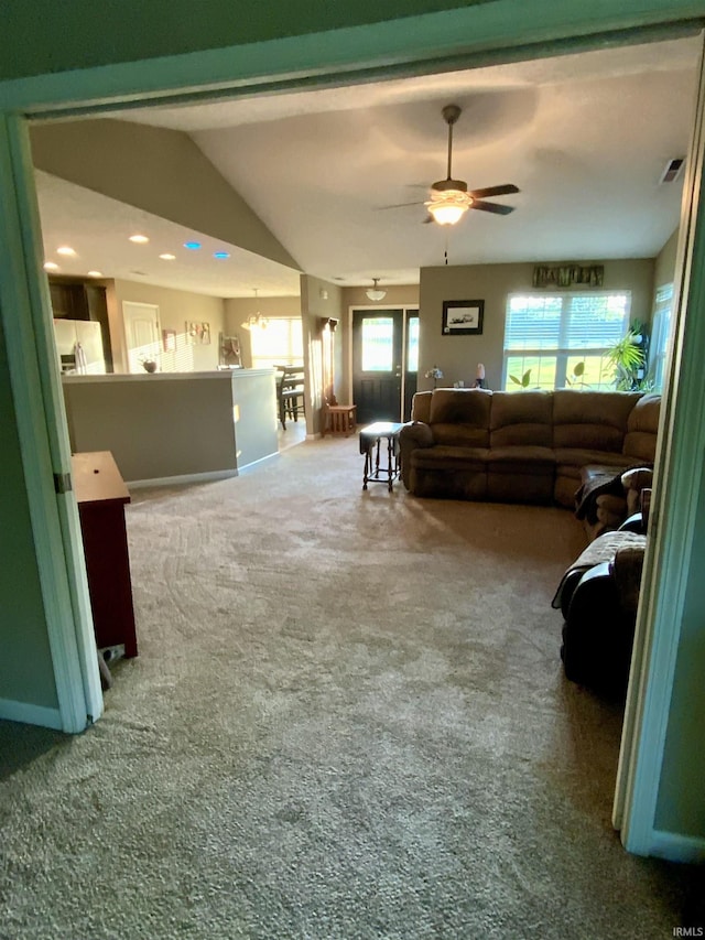 6243 S 700 W, West Point, IN 47992 - living area featuring a ceiling fan, carpet flooring, and vaulted ceiling