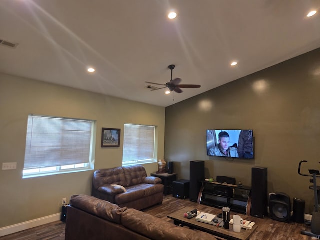 5811W Janssen Ln, Crawfordsville, IN 47933 - living room with dark wood finished floors, a ceiling fan, lofted ceiling, and recessed lighting