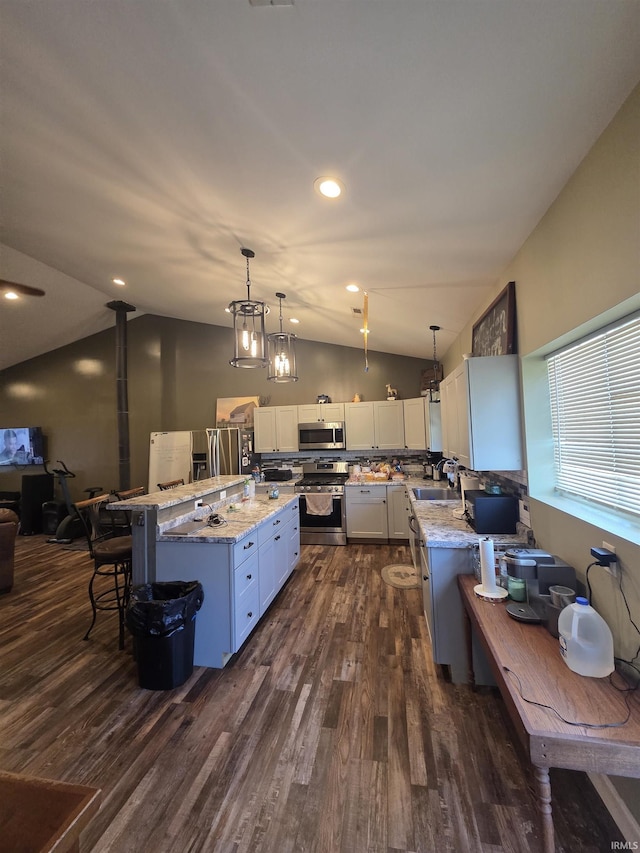 5811W Janssen Ln, Crawfordsville, IN 47933 - kitchen featuring stainless steel appliances, vaulted ceiling, dark wood-style flooring, light stone countertops, and decorative light fixtures