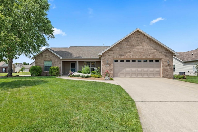 378 Buchanan St, West Lafayette, IN 47906 - ranch-style house with brick siding, an attached garage, a front lawn, concrete driveway, and a shingled roof
