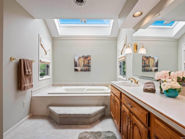 1031 Skyline Pass, Fort Wayne, IN 46825 - bathroom featuring a skylight, vanity, a bath, tile patterned flooring, and plenty of natural light
