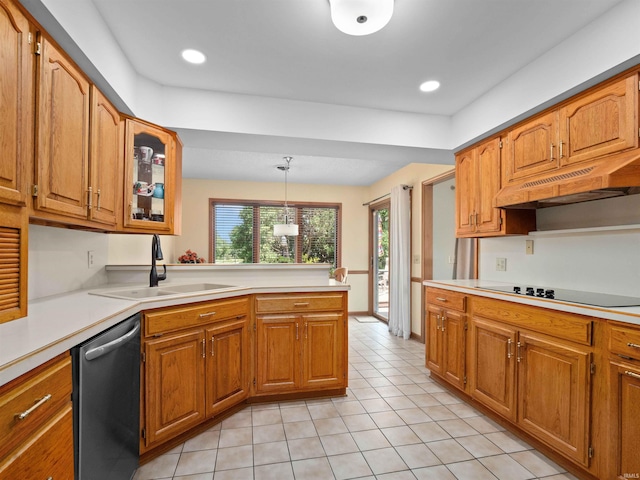 1031 Skyline Pass, Fort Wayne, IN 46825 - kitchen featuring dishwasher, black electric cooktop, under cabinet range hood, light countertops, and brown cabinetry